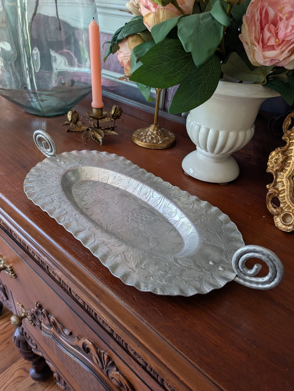 Vintage Hand Wrought Aluminum serving tray, flower details,  20" x 8.5"